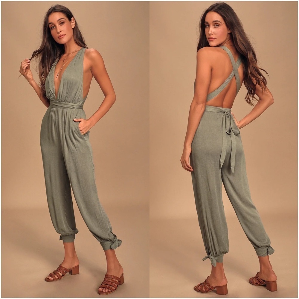 Lulu's Sage Green Surplice Backless Jumpsuit
